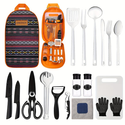 Camping Cooking Utensils Set – Bohemia Style Outdoor Cookware Kit for Camp Kitchen, RV, Picnic, BBQ & Portable Stove | Camping Essentials Gear Accessories