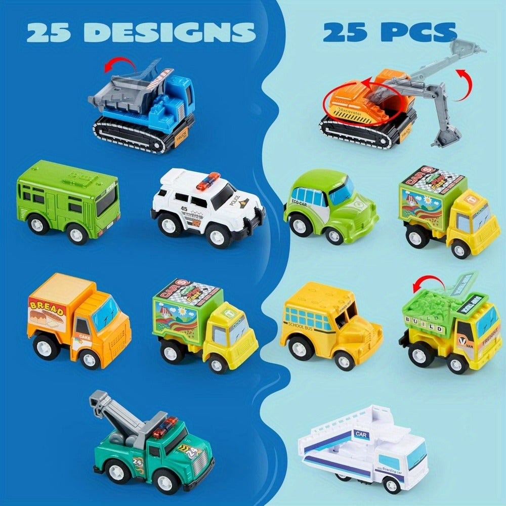 25PCS Pull Back Cars & Trucks Toy Vehicle Set for Kids – Fire Truck, Police Car, School Bus & More, Party Favors, Easter Basket Stuffers, Birthday Christmas Gift for Boys & Girls