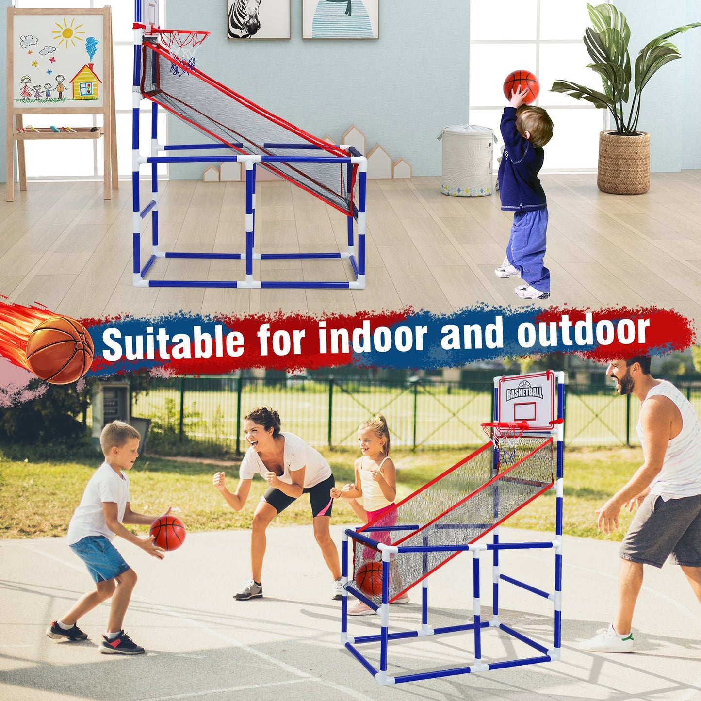 Kids Adjustable Basketball Hoop Set with 2 Balls & Storage – Indoor Outdoor Sport Toy for Ages 3–6, Thick PVC Frame | Best Birthday Christmas Gift for Boys and Girls