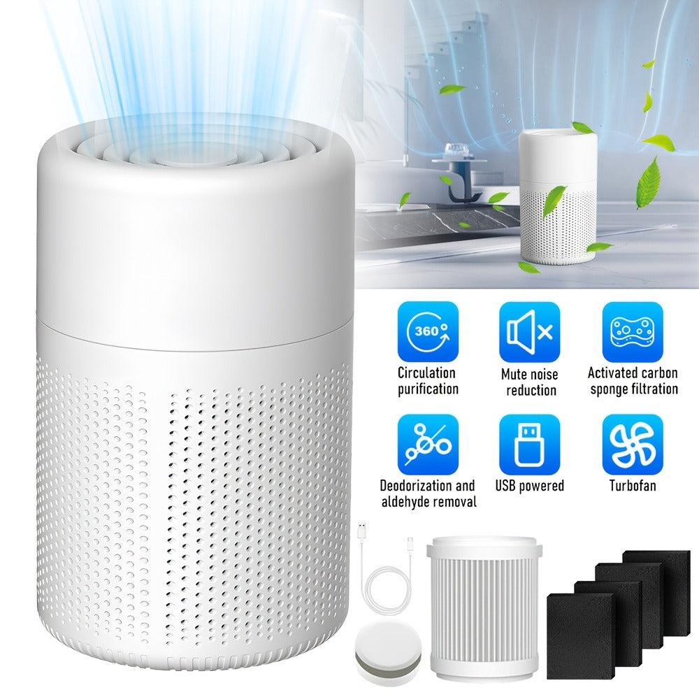 USB Negative Ion Air Purifier with Blue Light & Aromatherapy Box – Removes Dust, Smoke, Formaldehyde, VOCs & PM2.5, Type-C Powered Desktop Air Cleaner for Bedroom, Office & Bathroom, 50 m³/h Airflow