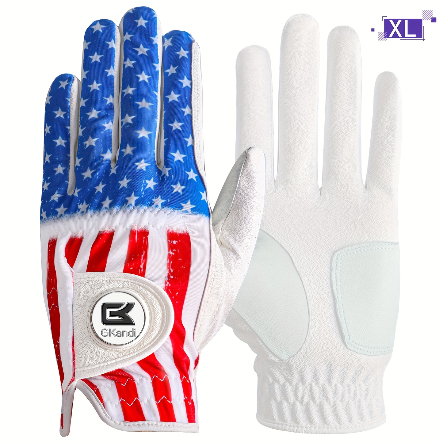 Men's Golf Glove Left Hand with Ball Marker - Breathable All Weather Grip, Hook & Loop Closure, Sizes S M ML L XL, USA Flag, Blue & White, Stylish Polyester Golf Gloves for Men Golfers, Confident Swing Every Round