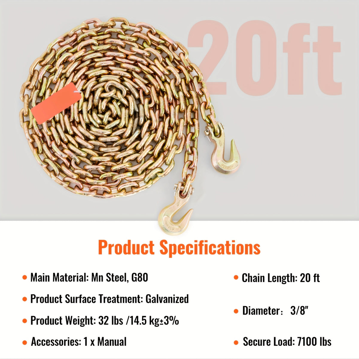 Happybuy Transport Binder Chain, 7100 Lbs Working Load Limit, 3/8'' X 20' G80 Tow Chain Tie Down With Grab Hooks, DOT, Galvanized Manganese Steel For Dock, Factory, And Construction Sites