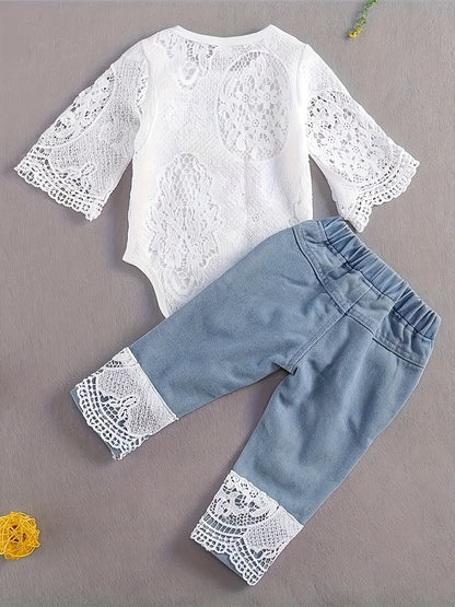 Baby Girls Outfit Set - Denim-Look Lace Style 41381