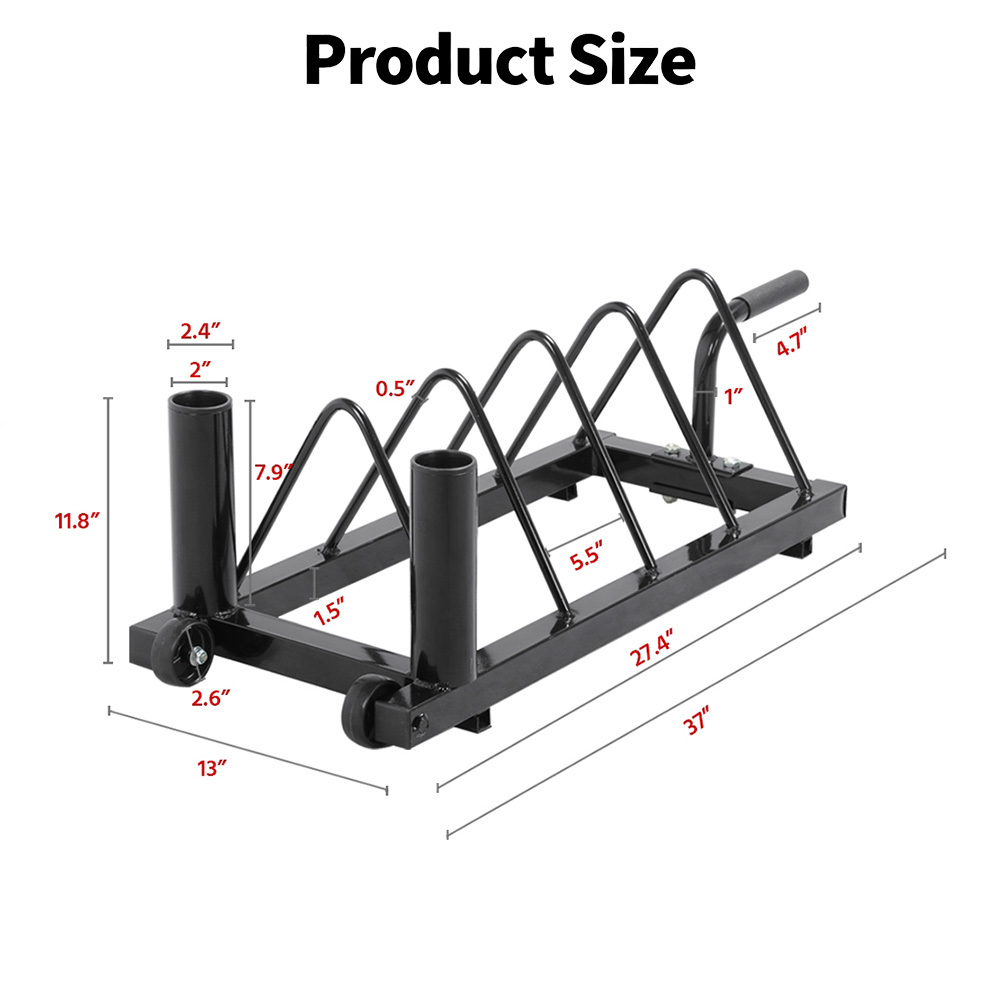 Barbell & Weight Plate Storage Rack with Wheels & Handle – 300 lb Capacity, 2 Barbell Holders, 4 Plate Slots, Powder Coated Steel for Home Gym & Garage Organization