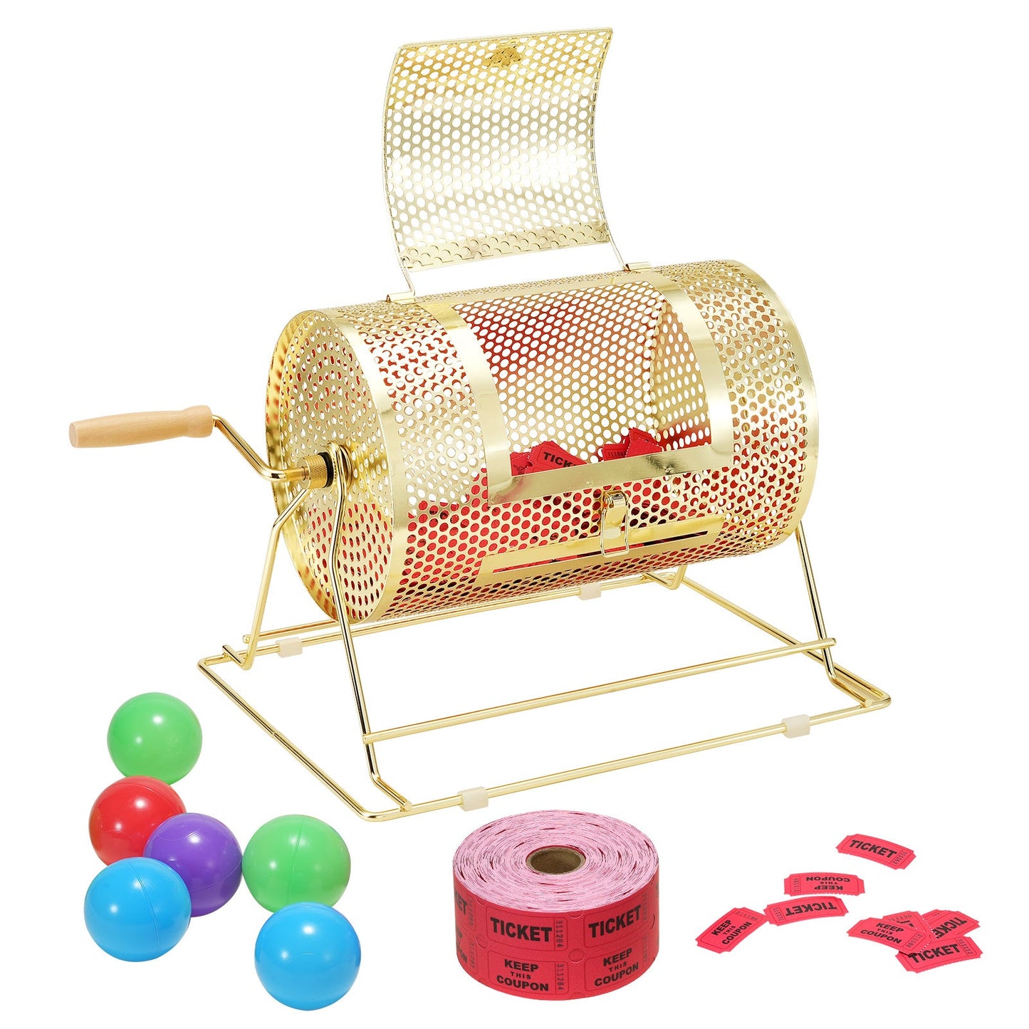 Raffle Drum Spinning Cage 12 Inch – Brass Plated Metal Lottery Ticket Drum with Wooden Handle, Holds 2500 Tickets or 100 Ping Pong Balls, for Bingo Ballot Party Events Fundraisers Trade Shows