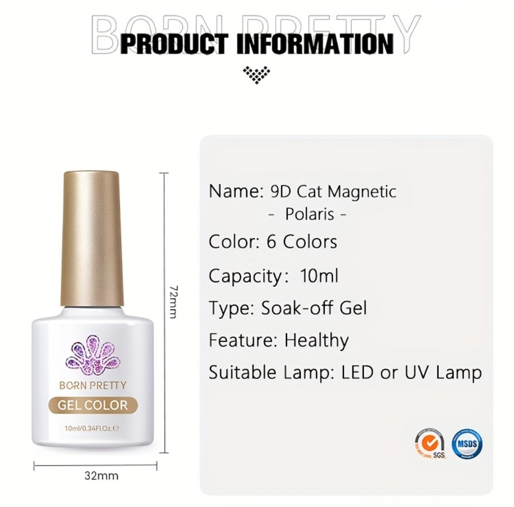 Cat Eye Gel Nail Polish Set 6 Colors 9D Magnetic Polaris Glass Water Light Effect - Semi-Permanent Soak Off LED UV Gel 0.34oz Each - Long Lasting Shimmer Nail Art for Women Salon Home DIY