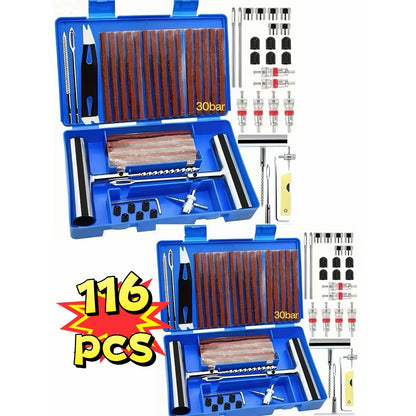 Tire Repair Tool Kit 47 / 58 / 104 / 116-Piece for Cars Motorcycles Trucks Tractors Trailers, Heavy-Duty Tubeless Tire Plug Patch Kit with Storage Bag & Gloves, No Battery Required, Roadside Emergency
