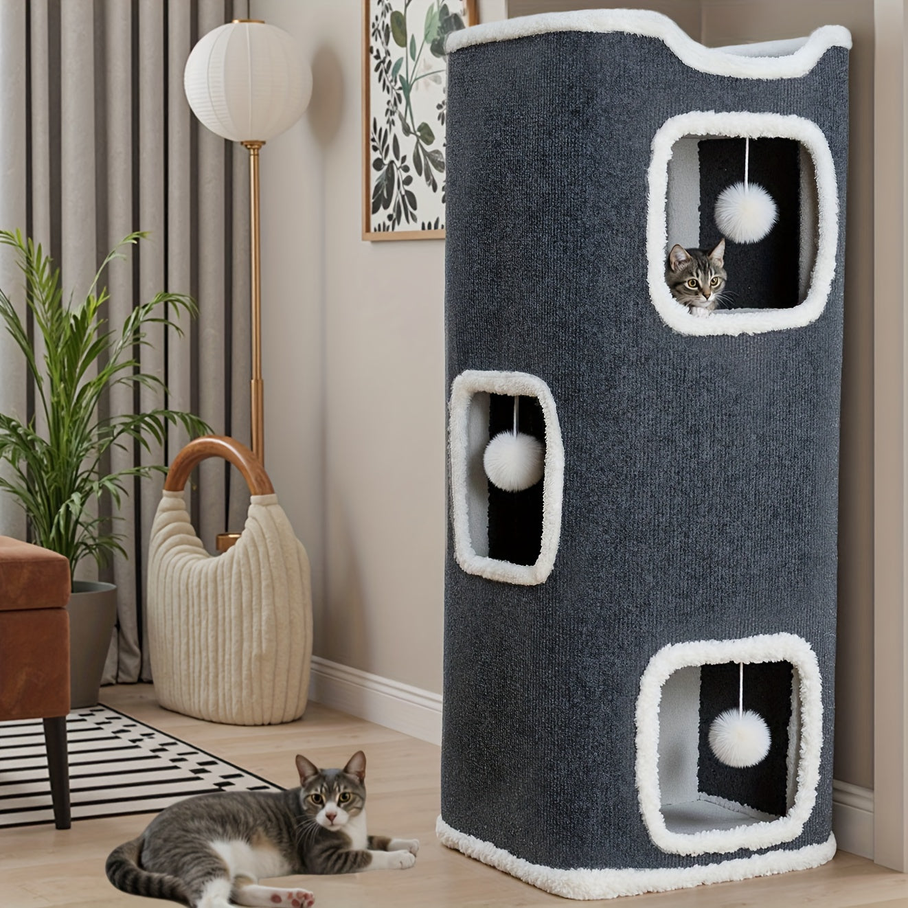 Cat Tree Tower Multi-Level Foldable Cat Condo for Indoor Cats - Scratch-Resistant Carpet, Hanging Bell Ball, Cozy Top Bed, Sturdy Frame Cat House with Multiple Entrances, 1 3 4 Tier Options for Kittens & Adults