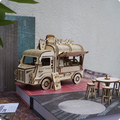 Basswood Food Truck 3D Puzzle Model Kit – DIY Building Toy for Kids & Adults, Yellow Miniature Snap-Fit Craft, Creative Birthday Halloween Christmas Gift for Boys Girls