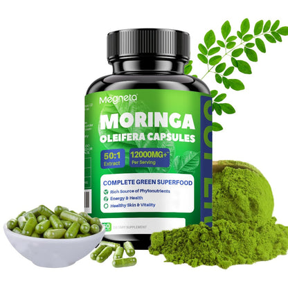 Moringa Capsules 12000mg Organic Superfood Supplement - Antioxidant, Immune Support, Skin Health & Natural Energy for Women & Men - Stimulant-Free Green Superfood Daily Capsules 60-180 Count