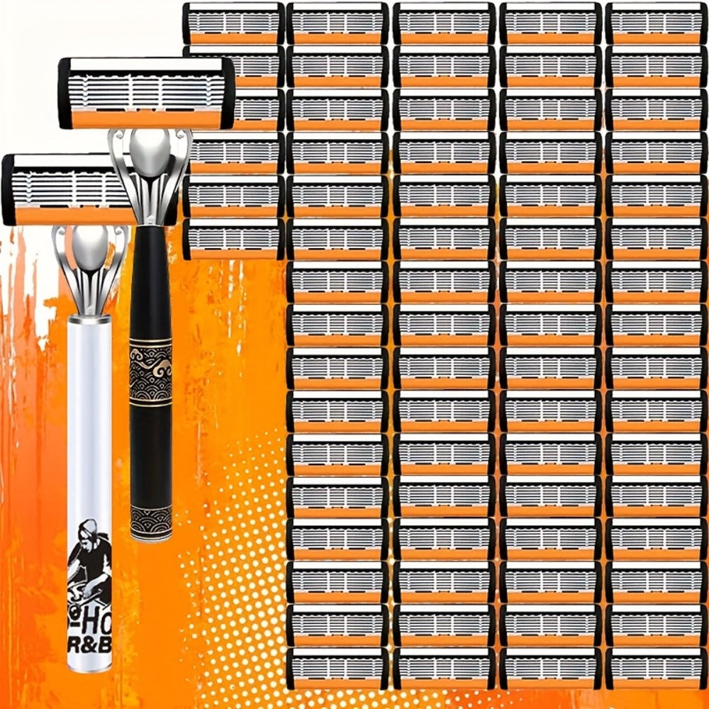 6-Layer Blade Men's Razor Set with Lubricating Strip 2 Handles & 36 or 72 Replacement Blades – Smooth Close Shave Contour-Fitting Ergonomic Manual Shaver for Men Daily Grooming