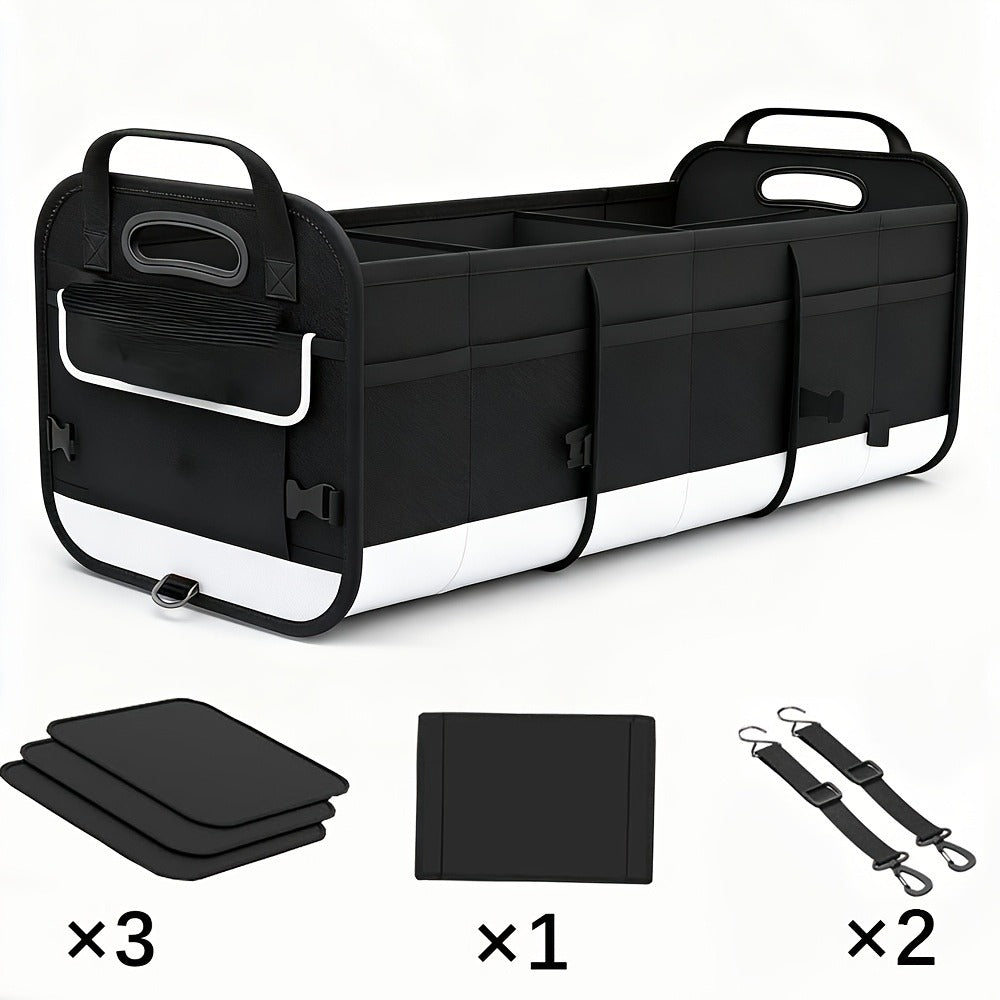 Foldable Car Trunk Organizer 95L – 4-Compartment Storage Box with 2 Retractable Straps, Collapsible Cargo Bin for SUV Truck Minivan – Travel Camping Shopping