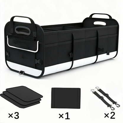 Foldable Car Trunk Organizer 95L – 4-Compartment Storage Box with 2 Retractable Straps, Collapsible Cargo Bin for SUV Truck Minivan – Travel Camping Shopping