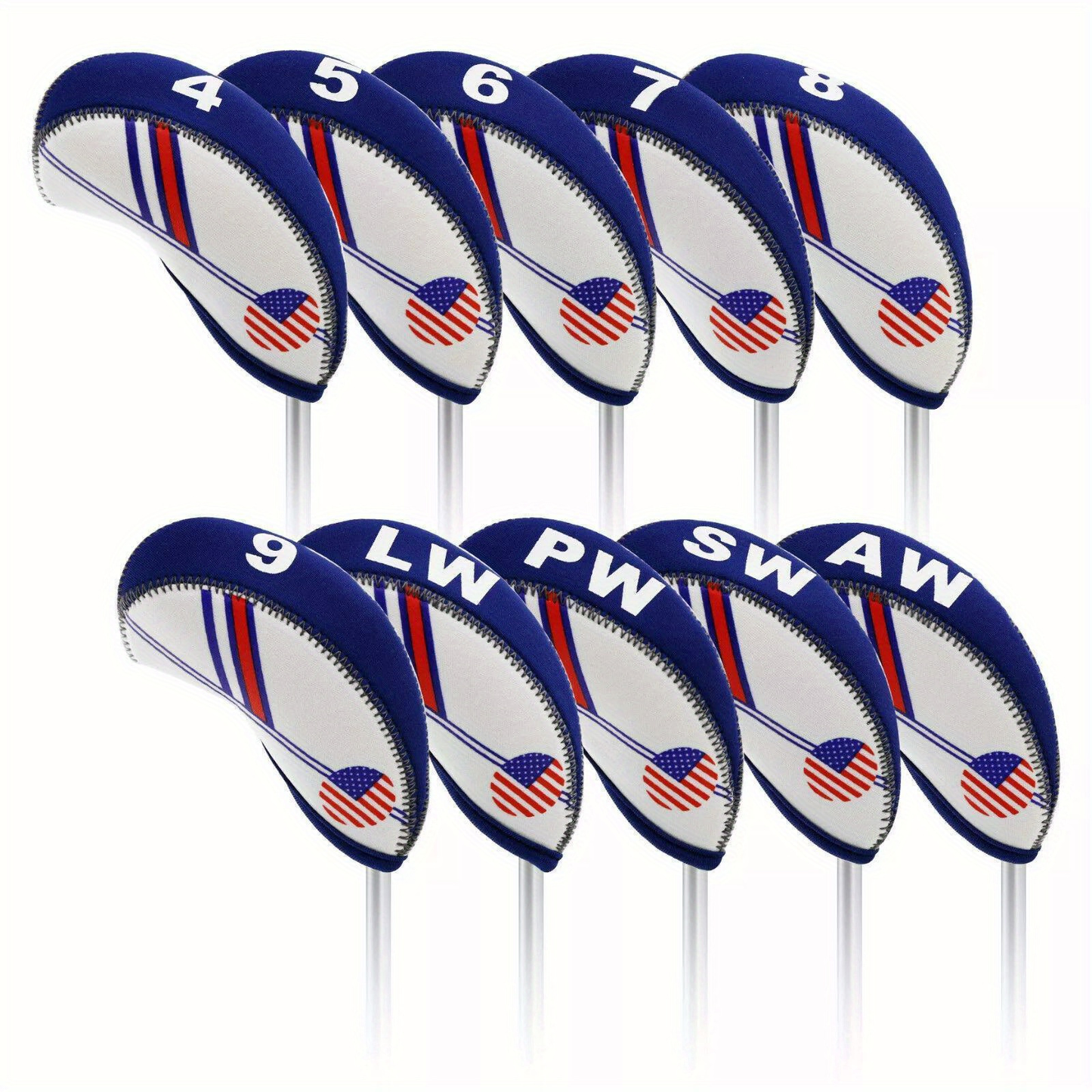 Golf Iron Club Covers USA Flag Neoprene Zipper Head Covers Machine Washable Fits Standard Irons Blue White Patriotic Design for Men Women Golfers
