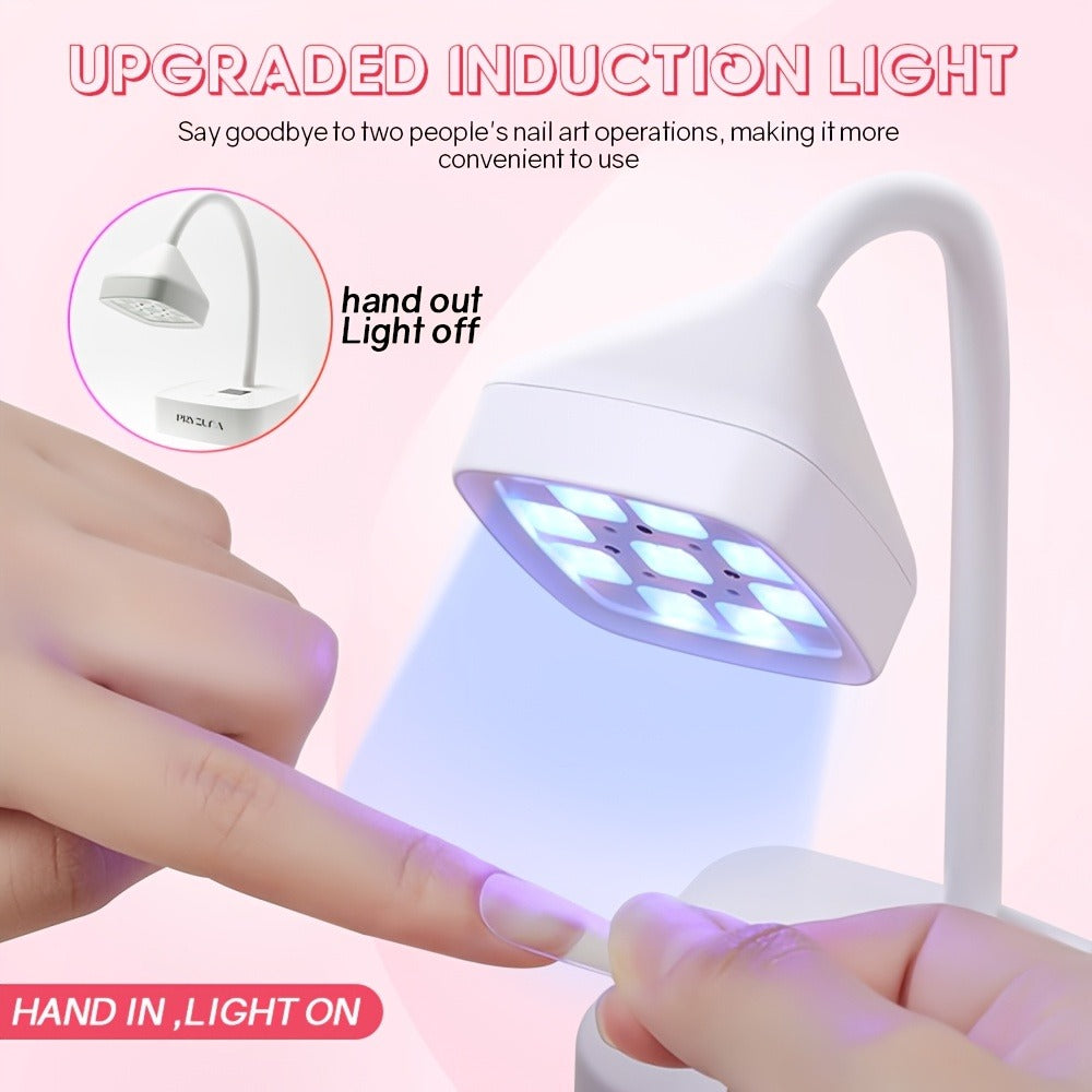 Gooseneck LED Nail Lamp 360° Flexible Portable USB Rechargeable Gel Nail Dryer Auto Sensor LCD Display 2 Timer Settings 9-Bead Dual Light Quick Dry for Home Salon Gel Polish Nail Art White