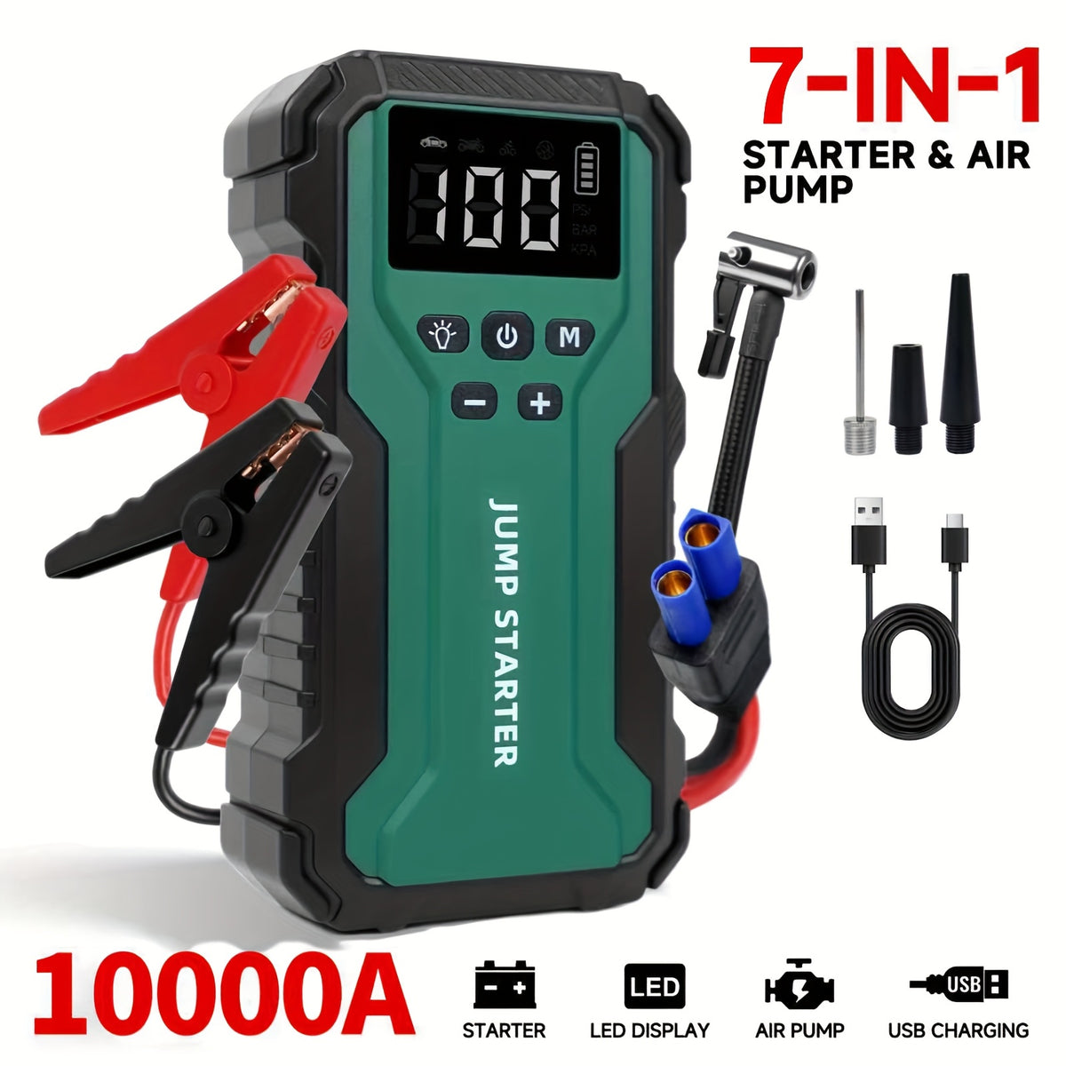 10000A 7-in-1 Multi-functional Emergency Start Power Supply with Air Pump, 150PSL Portable Car Battery Starter, Digital Tire Inflator, Suitable for 2.64 Gallon Gasoline Or 2.38 Gallon Diesel Battery, LED Emergency Light, Car Emergency Tool.