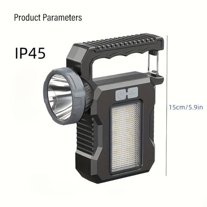 LED Searchlight Spotlight Solar & USB Rechargeable | High-Power Handheld Flashlight with Side Light Locking Clip 4 Modes | Camping Fishing Work Outdoor Emergency Gift