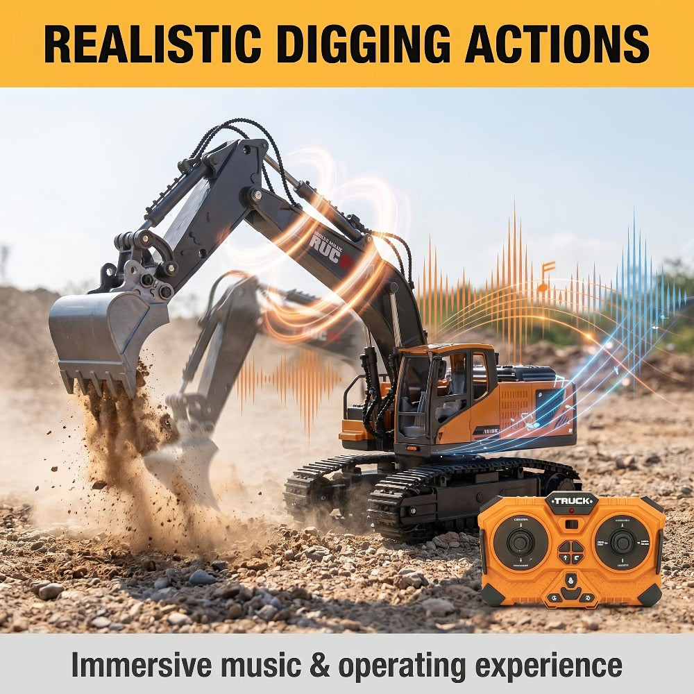 RC Excavator Toy for Kids Track Type 2.4GHz – 1200mAh Rechargeable Remote Control Construction Truck with Metal Shovel & LED Light, STEM Gift for Boys Ages 6 7 8 9 10 11 12 Birthday Christmas (Metal/Plastic/Mini)