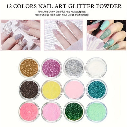 Acrylic Nail Kit for Beginners 12 Color Glitter Acrylic Powder Set with White Clear Pink Nail Extensions Complete Professional Manicure Tools & Acrylic Supplies - Starter Kit Gift for Women