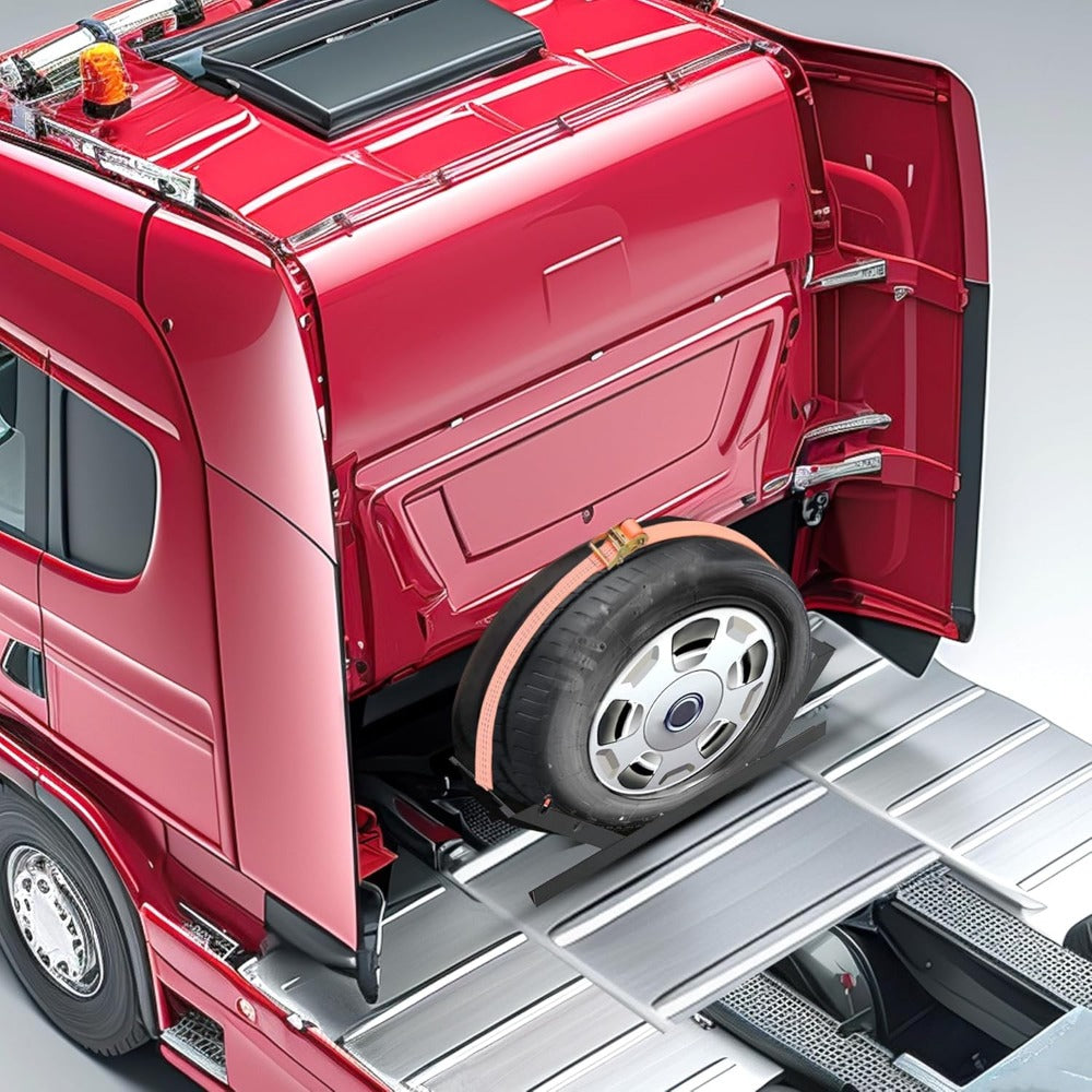 Semi Truck Spare Tire Carrier Rack Adjustable Steel Holder with Anti-Sway Chain & Ratchet Strap for Class 8 Semi-Trailers Kenworth Peterbilt Cascadia