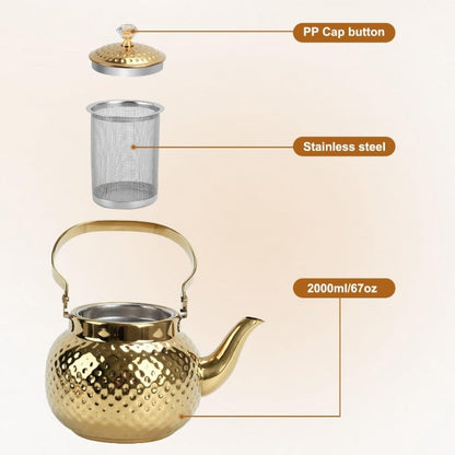 Hammered Tea Kettle Stainless Steel – 40.58oz Stovetop Teapot with Strainer for Loose Leaf Tea, Coffee & Milk, Classic Hammered Design, Outdoor & Travel Friendly, Premium Tea Gift – Gold, Silver