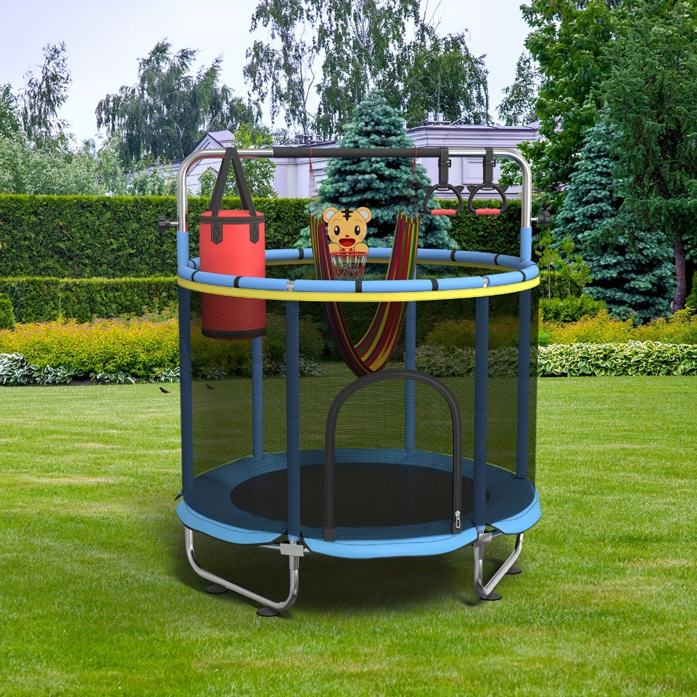 60 Inch Trampoline with Enclosure and Gymnastics Bar – 440 Lbs Capacity Height Adjustable Indoor Outdoor Round Trampoline with Toys for Kids | Best Birthday Gift for Boys and Girls