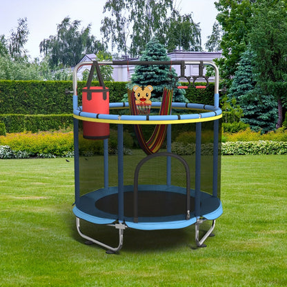 60 Inch Trampoline with Enclosure and Gymnastics Bar – 440 Lbs Capacity Height Adjustable Indoor Outdoor Round Trampoline with Toys for Kids | Best Birthday Gift for Boys and Girls
