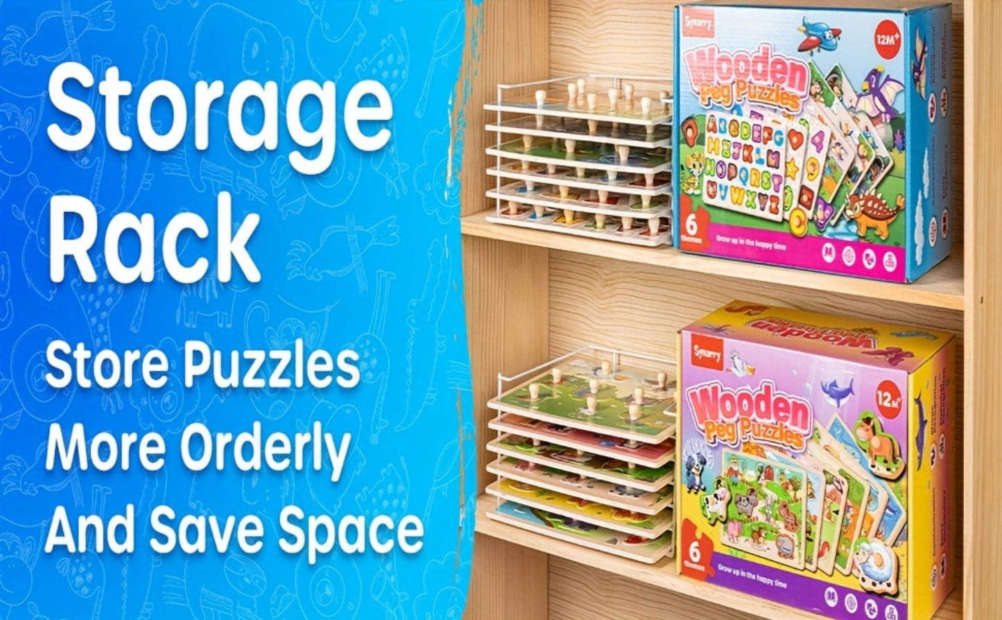 6-in-1 Wooden Toddler Puzzle Set with Storage Rack – Alphabet Number Shape Animal Dinosaur Vehicle Puzzles, STEM Montessori Educational Learning Toy, Gift for Baby Boys Girls Ages 1 2 3