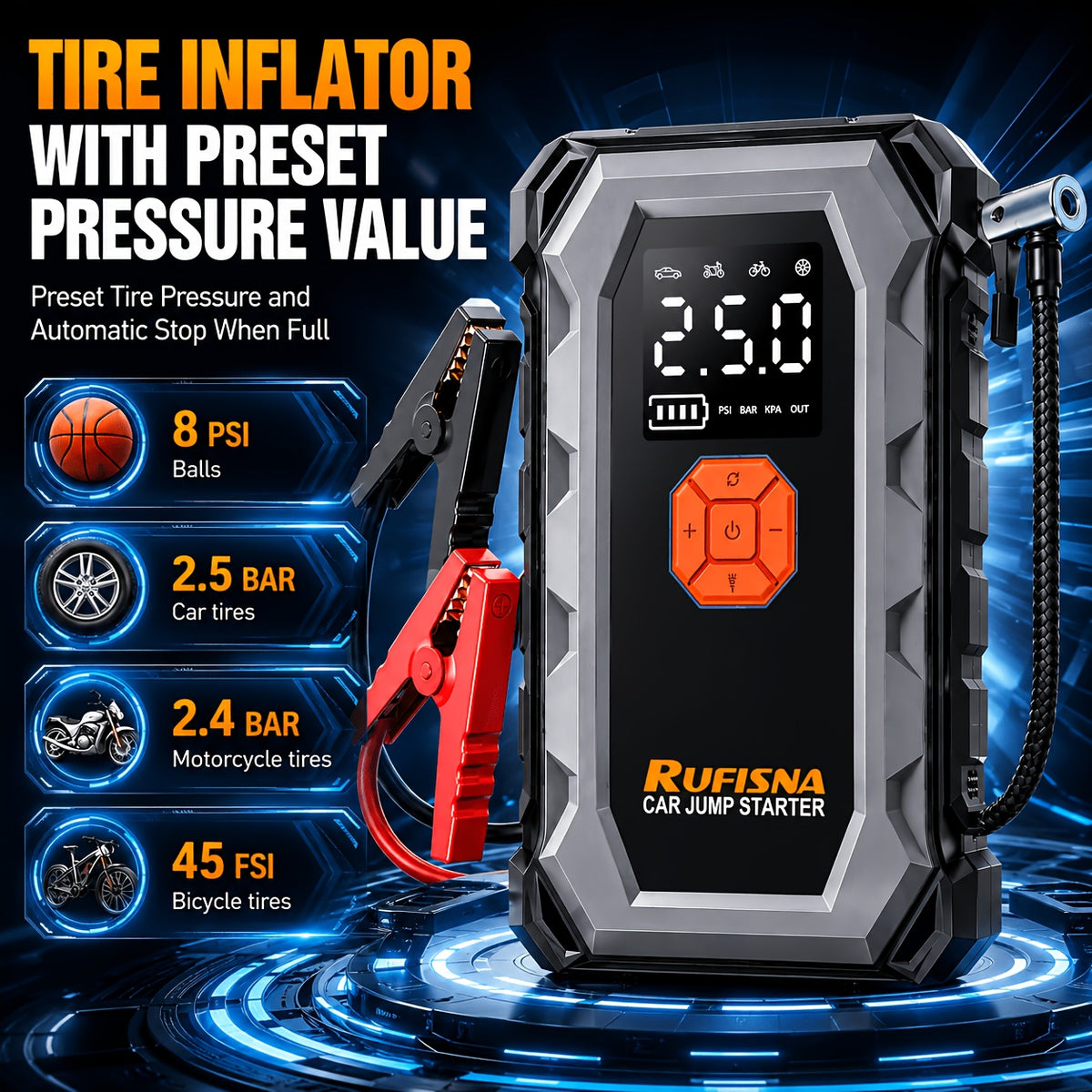 15000A-18000A Peak Jump Starter with Air Compressor, 12V Car Battery Charger, 150 PSI Fast Tire Inflator, All-in-One Emergency Power Bank, LED Flashlight, USB Output, Heavy Duty Jump Starter for Gas & Diesel Cars, SUV, Truck, Roadside Rescue Kit.