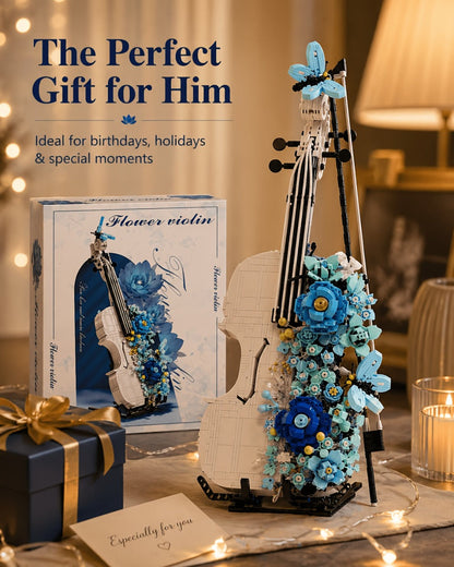 Flower Violin Building Block Set 1419pcs – 3D Musical Instrument Brick Model for Adults & Teens, Elegant Home Office Decor Display, Unique Birthday Father's Day Christmas Gift for Music Lovers