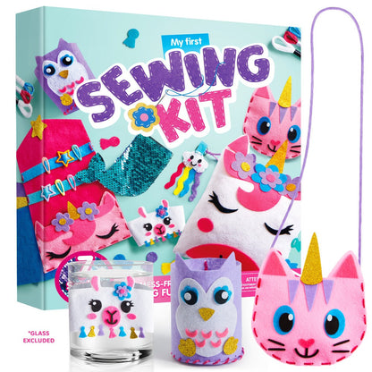 Kids Sewing Kit for Beginners 7 Felt Craft Projects – Pre-Punched Holes Safe Needles Mini Pillow Keychain Card Holder Cup Sleeve, STEM Life Skills Gift for Girls Boys Ages 6 7 8 9 10