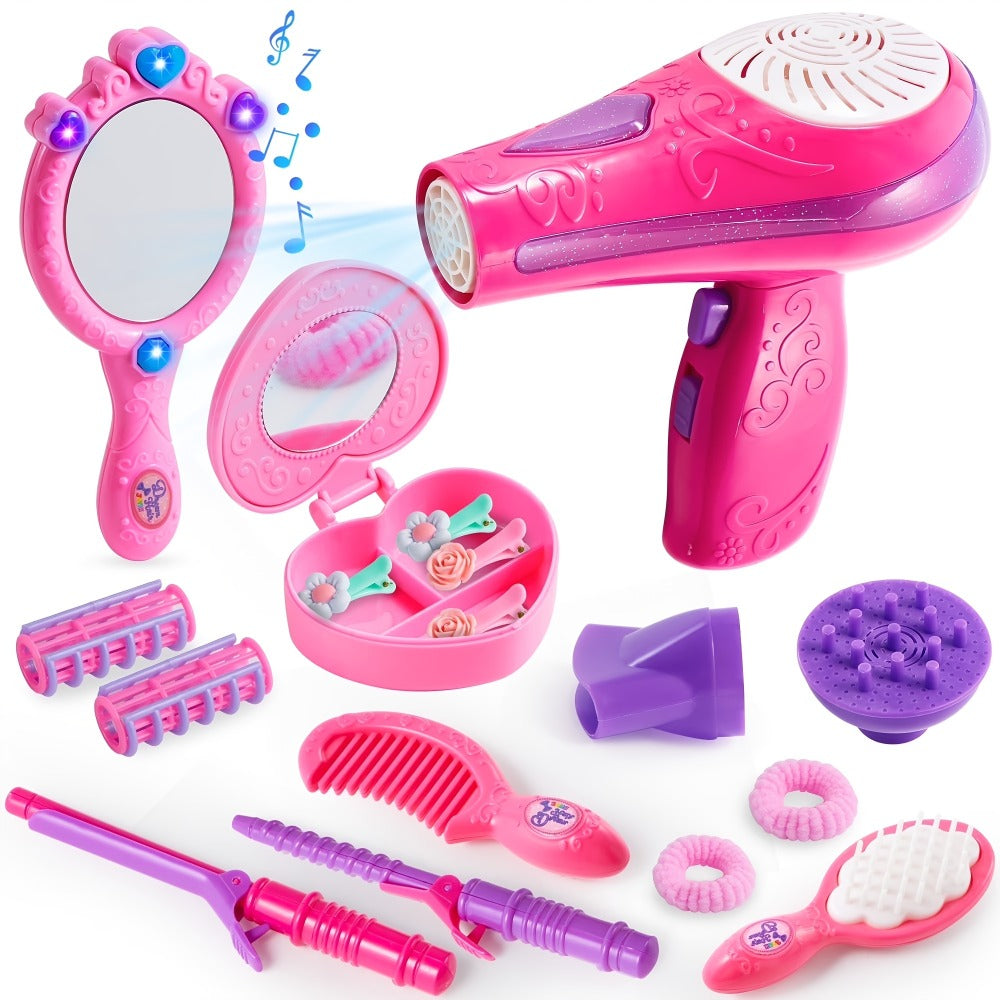 Girls Beauty Salon Toy Set 17 PCS – Pretend Play Hair Stylist Kit with Working Hairdryer Mirror Curling Wands Combs Clips & Jewelry Box | Princess Hair Dresser Toy for Girls Ages 3+ | Best Birthday Christmas Gift