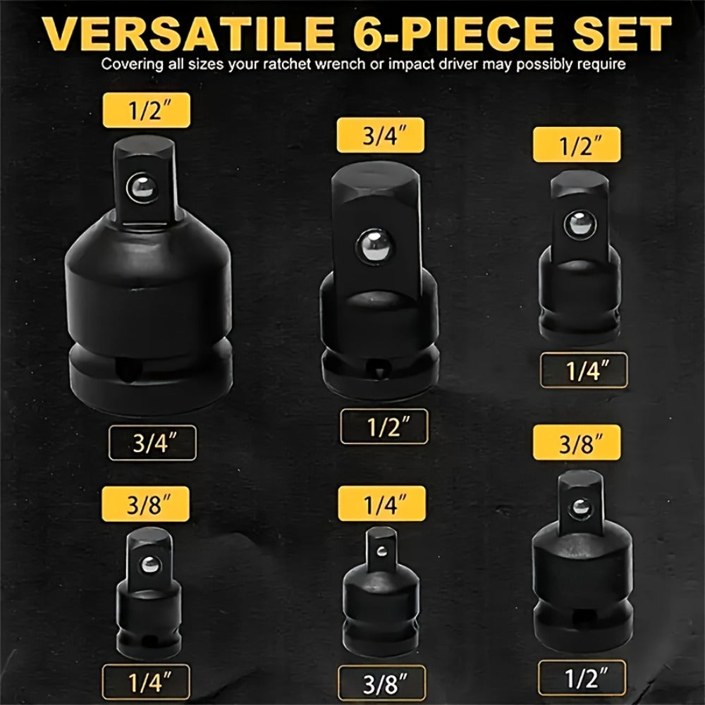 Impact Adapter & Reducer Set 6-Piece – 1/4" 3/8" 1/2" 3/4" Female-to-Male Air Square Drive Conversion Tool | Chrome Molybdenum Steel with Protective Cover | Auto Repair & Mechanical Work