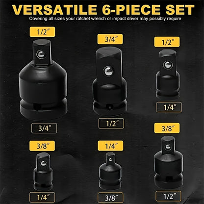 Impact Adapter & Reducer Set 6-Piece – 1/4" 3/8" 1/2" 3/4" Female-to-Male Air Square Drive Conversion Tool | Chrome Molybdenum Steel with Protective Cover | Auto Repair & Mechanical Work