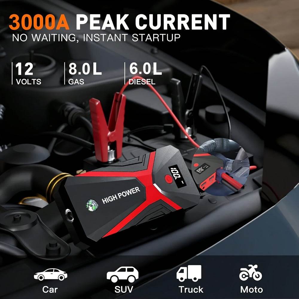 Portable Car Jump Starter with Tire Inflator – 3000A Peak 12V Battery Booster, USB Power Bank, LED Emergency Light, 5-in-1 & 9-in-1 Roadside Emergency Kit for Cars Trucks SUVs