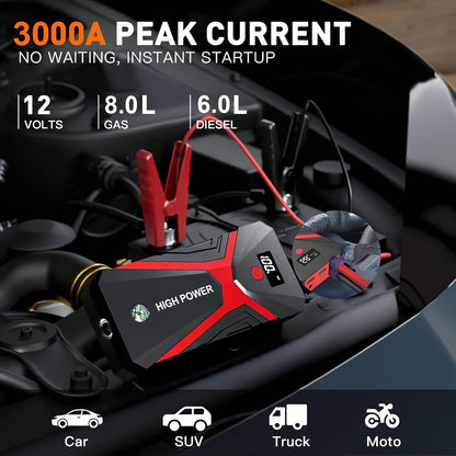 Portable Car Jump Starter with Tire Inflator – 3000A Peak 12V Battery Booster, USB Power Bank, LED Emergency Light, 5-in-1 & 9-in-1 Roadside Emergency Kit for Cars Trucks SUVs