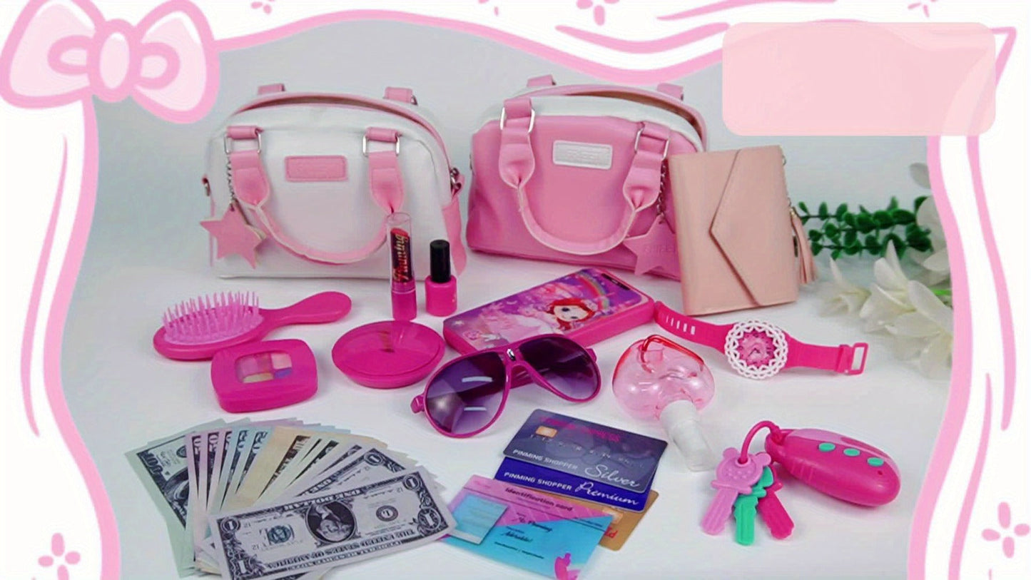 Pink Princess Play Purse Set for Girls – Pretend Makeup Handbag with Phone, Lipstick, Keys & Crossbody Bag, Safe No-Mess Toy, Birthday Christmas Gift for Girls Ages 3+