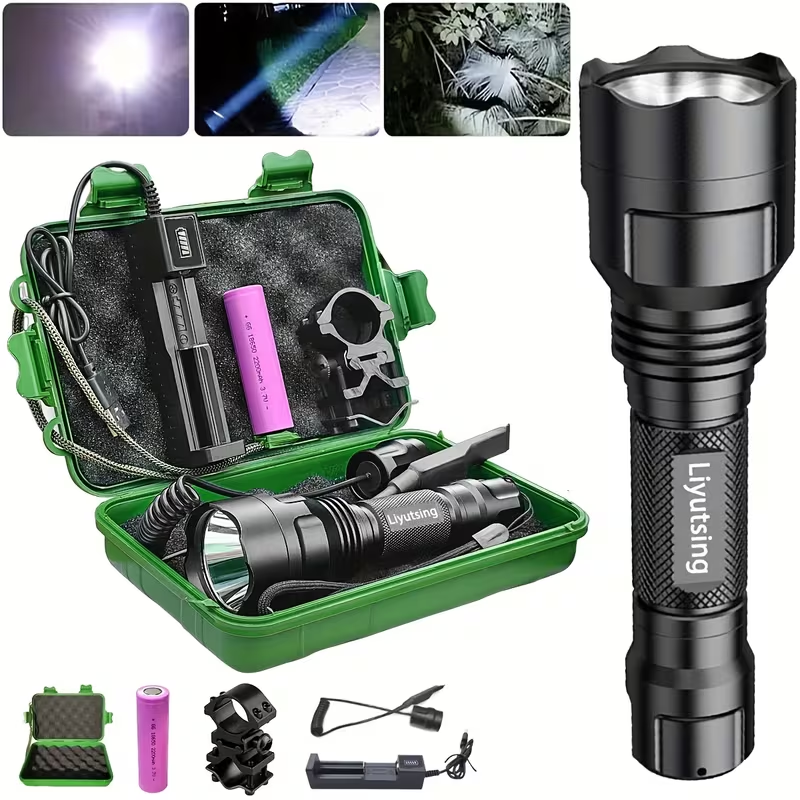 Night Hunting Flashlight with Remote Control Switch – 350 Yards High Power Green Red White Light, 18650 Rechargeable, Multiple Mounts for Hunting, Fishing, Camping & Beekeeping, Best Gift for Men