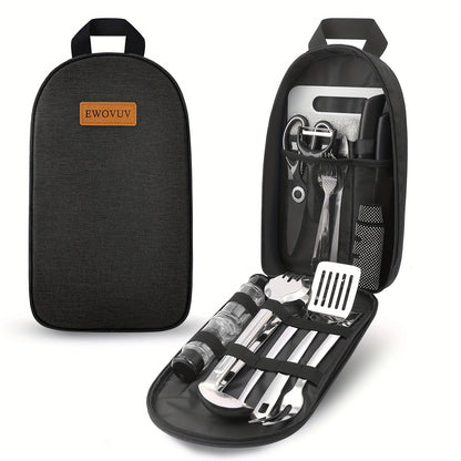 Portable Camp Kitchen Cooking Utensil Set with Water-Resistant Travel Organizer Case – Compact Grill Accessories Kit for Backpacking, BBQ, Camping & Hiking | Black