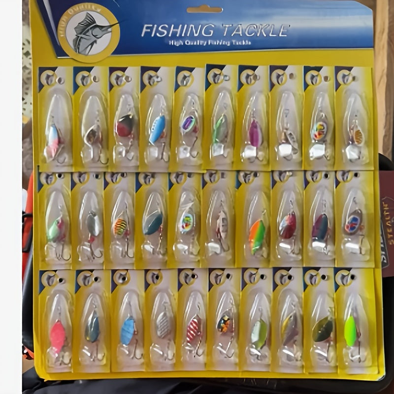 Fishing Lures Kit 30pcs Metal Spinnerbait Set for Trout Pike Salmon Bass - Assorted Colorful Hard Baits with Sturdy Hooks for Freshwater & Saltwater - Outdoor Fishing Tackle Accessories, 38x34mm Each