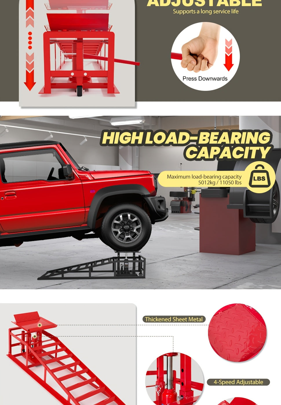 Hydraulic Car Ramps, 2 Pack Car Ramp High Lift, 11050LBS Automotive Truck Cars Service Ramps, Low Profile Oil Change Ramps with Support Jack for Car Truck Trailer Garage Repair (Red)