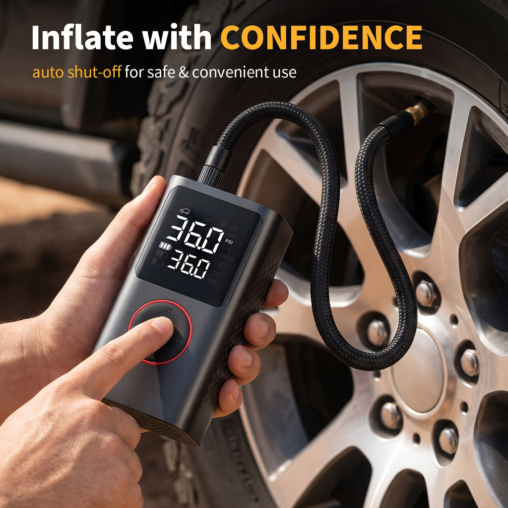 Portable Wireless Tire Inflator, 150PSI High-Pressure Air Compressor, 3x Faster Inflation, Digital Tire Pressure Display, 2000mAh X 2 High-Capacity Batteries, Auto-Stop When Full, Built-in LED Light, Multi-Function Inflation Nozzle