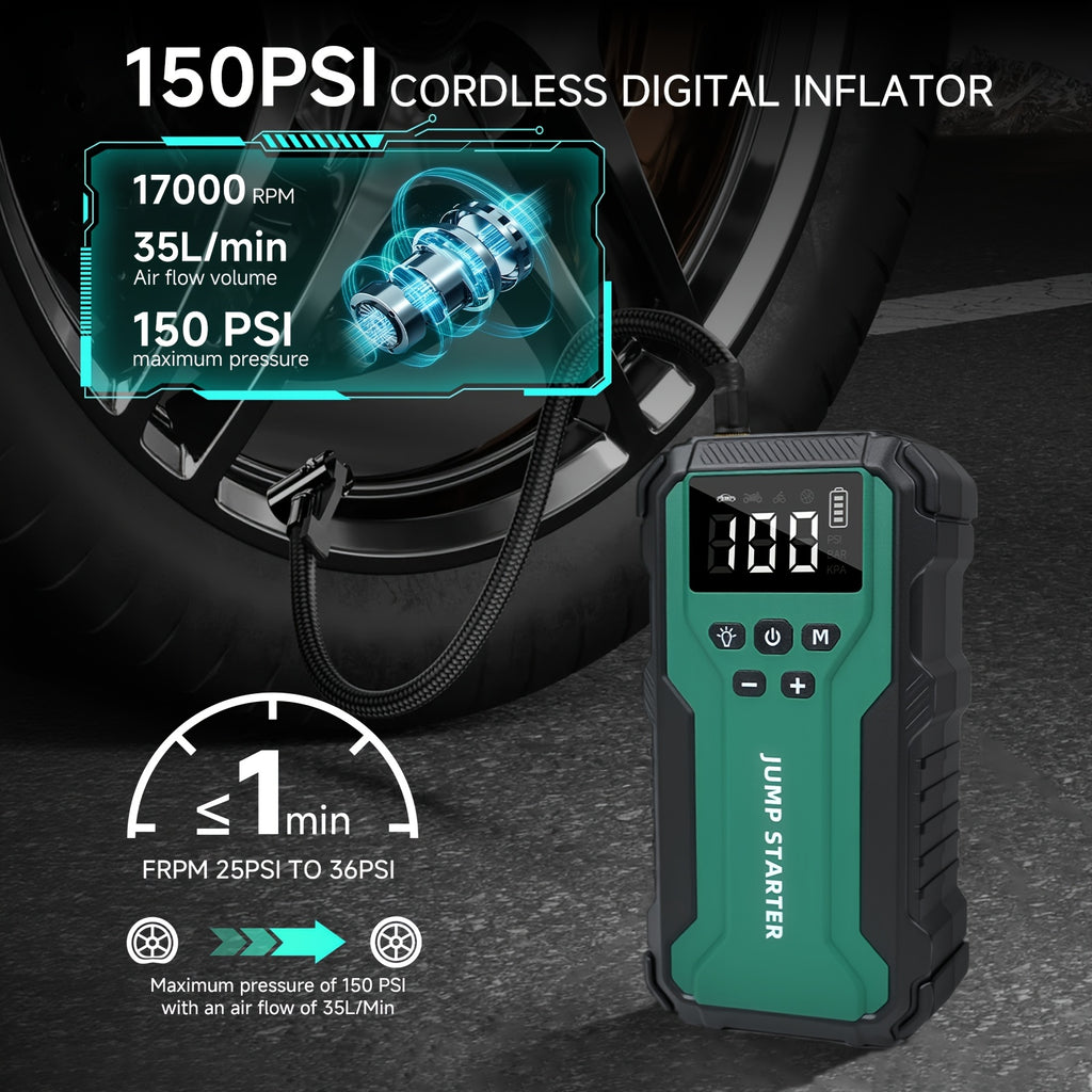 10000A 7-in-1 Multi-functional Emergency Start Power Supply with Air Pump, 150PSL Portable Car Battery Starter, Digital Tire Inflator, Suitable for 2.64 Gallon Gasoline Or 2.38 Gallon Diesel Battery, LED Emergency Light, Car Emergency Tool.