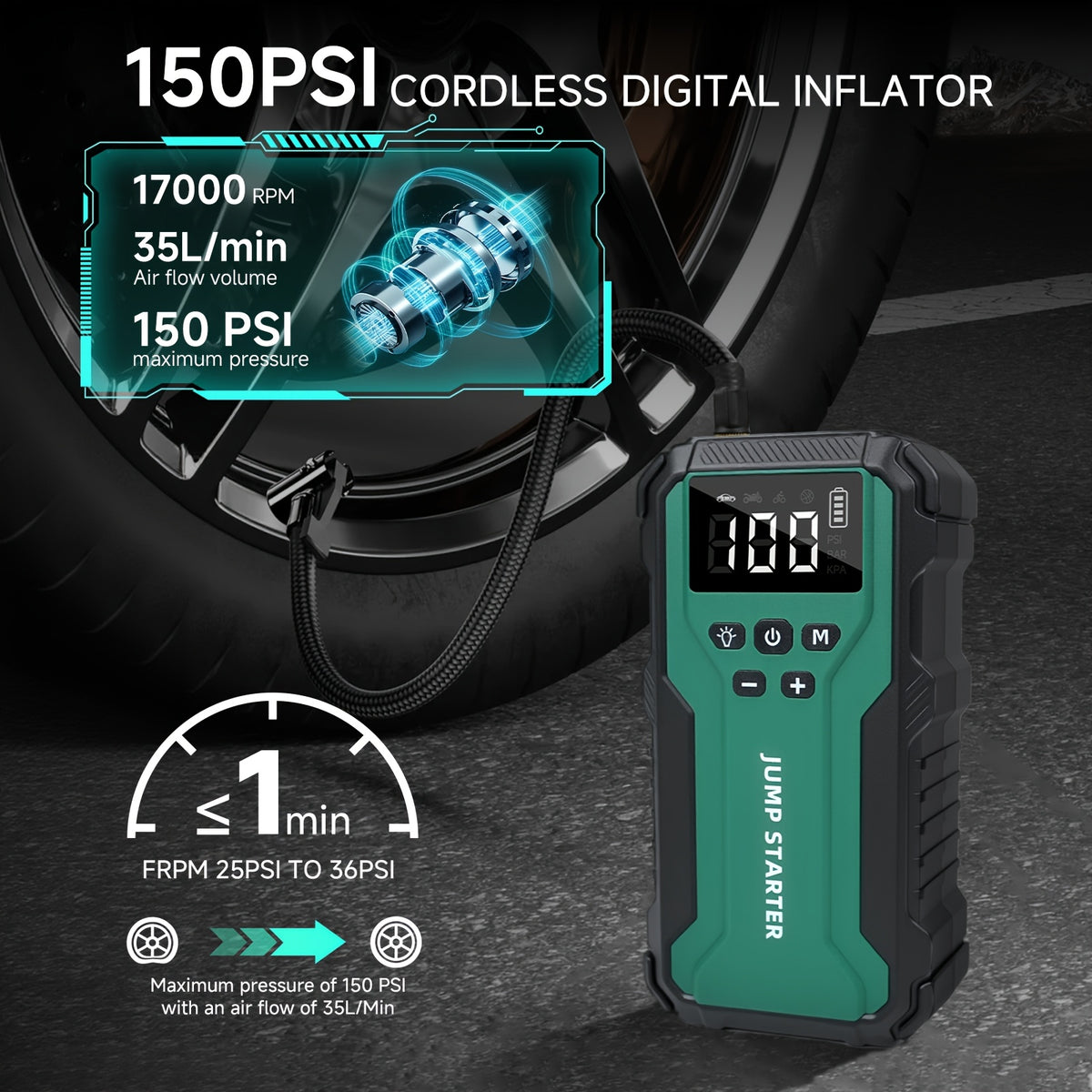 10000A 7-in-1 Multi-functional Emergency Start Power Supply with Air Pump, 150PSL Portable Car Battery Starter, Digital Tire Inflator, Suitable for 2.64 Gallon Gasoline Or 2.38 Gallon Diesel Battery, LED Emergency Light, Car Emergency Tool.