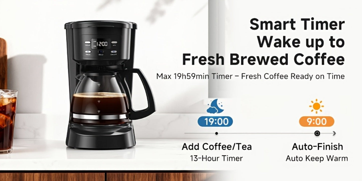 5-Cup Programmable Digital Coffee Maker – Auto Brew, Sneak-A-Cup Anti-Drip, Washable Basket Filter, Keep-Hot Plate & Water Level Window, Drip Coffee Machine for Home & Office – Black, White