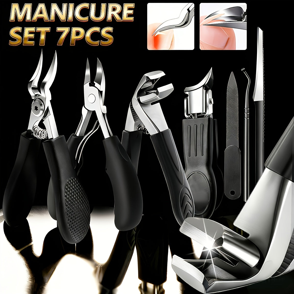 Ingrown Toenail Clipper Kit 7 Piece Professional Pedicure Set with Curved Blade Angled Head Nail File Cuticle Nipper Dead Skin Remover for Thick Toenails Men Women Elderly