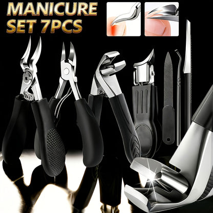 Ingrown Toenail Clipper Kit 7 Piece Professional Pedicure Set with Curved Blade Angled Head Nail File Cuticle Nipper Dead Skin Remover for Thick Toenails Men Women Elderly