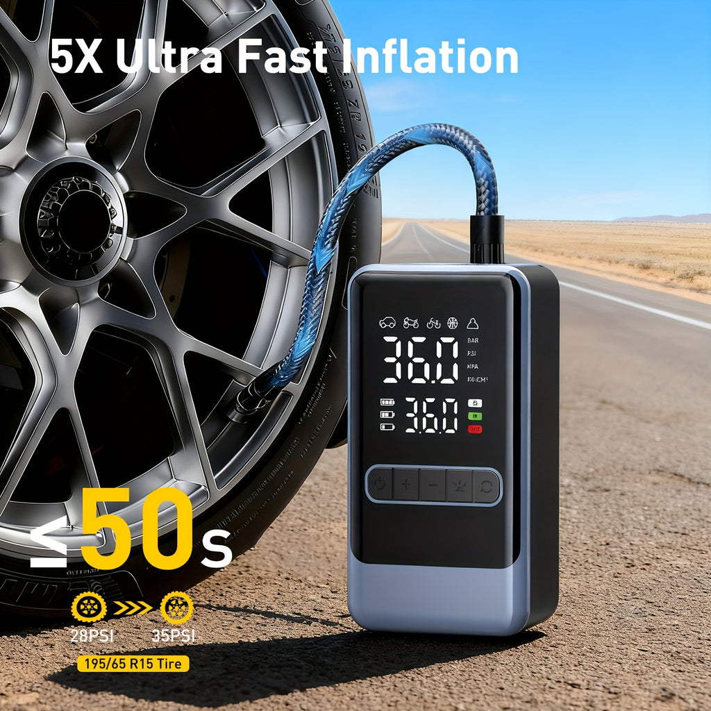 Portable Air Compressor | 150PSI Cordless Tire Inflator with Digital Pressure Gauge and LED Light, USB Charging, Quick Charge, Lithium Polymer Battery, for Car, Moto, Bicycle, Roadside Assistance and Emergency Support in All Terrains