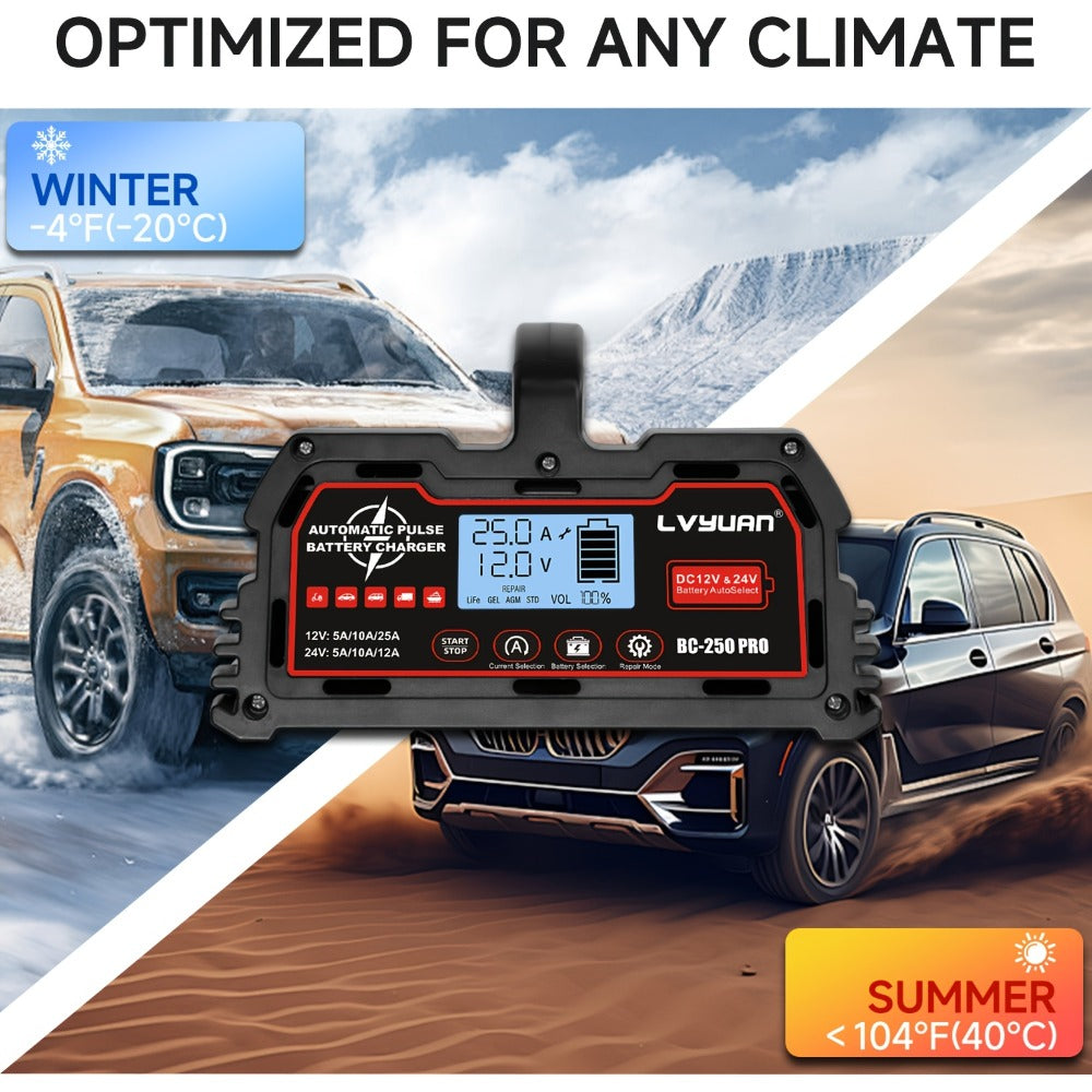 Smart Battery Charger 12V 25A 24V 12A 8-Stage Trickle Charger with Temperature Compensation for LiFePO4 Lead Acid Car Truck Motorcycle Boat Batteries
