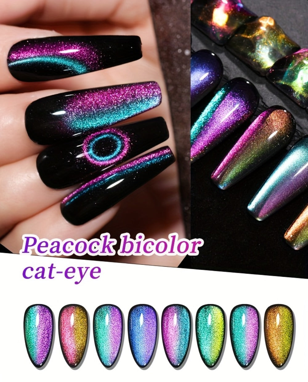 Magnetic Cat Eye Gel Nail Polish Set 8 Colors – Holographic Reflective Peacock Double-Light Effect, LED/UV Soak-Off Gel 0.51oz with Magnet Tool, Salon & Home Nail Art Gift Set for Women